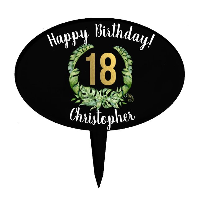 Happy 18th Birthday Boy Black Gold Modern Name Cake Topper (Front)
