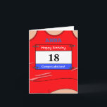 Happy 18th Birthday card for a runner<br><div class="desc">Send Birthday wishes to that special runner, whichever distance they run, marathons, half-marathons, 10 miles, 10km or 5km distance runs or sprints! Or just alter the messages for someone who's favourite colour is red! The running vest with its race number allows for a range of customisation options: - Runner's name...</div>