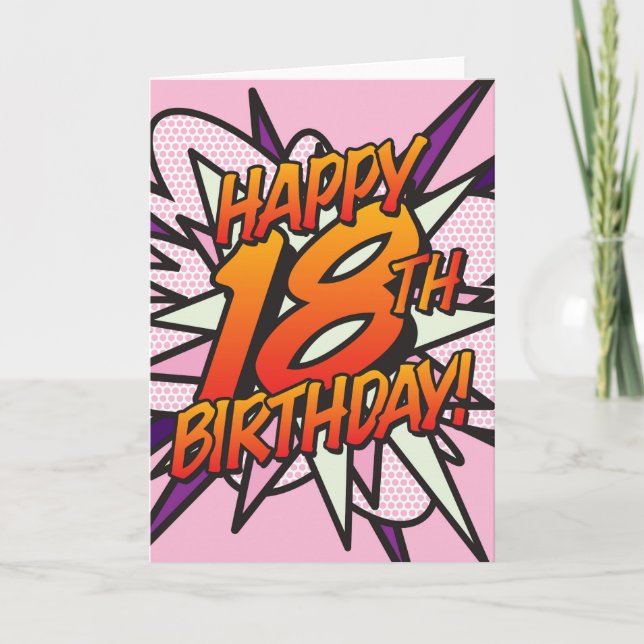 HAPPY 18TH BIRTHDAY Comic Book Pop Art pink Card (Front)