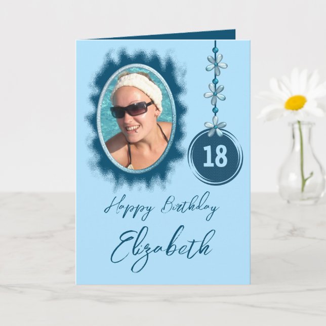 Happy 18th birthday flowers blue photo card (Small Plant)