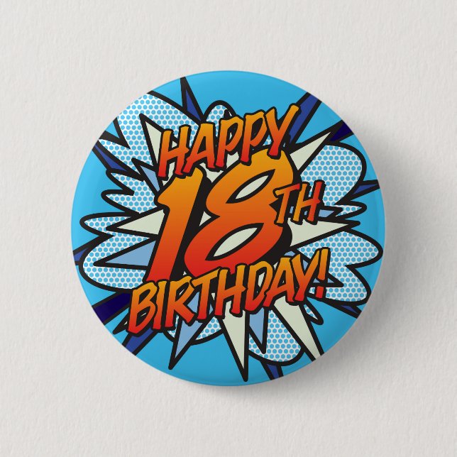 HAPPY 18TH BIRTHDAY Fun Retro Comic Book Button (Front)