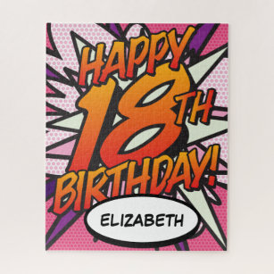HAPPY 18TH BIRTHDAY Fun Retro Comic Book Pink Jigsaw Puzzle
