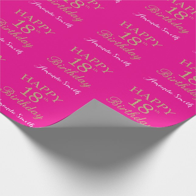 Happy 18th Birthday Gold Glitter and Hot Pink Wrapping Paper (Corner)
