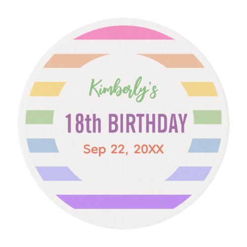 Happy 18th Birthday in Rainbow Stripes Edible Frosting Rounds