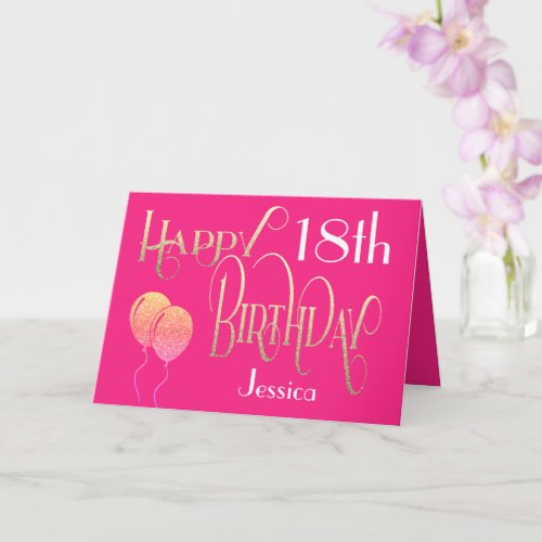 Happy 18th Birthday Name Ornate Hot Pink Gold Card