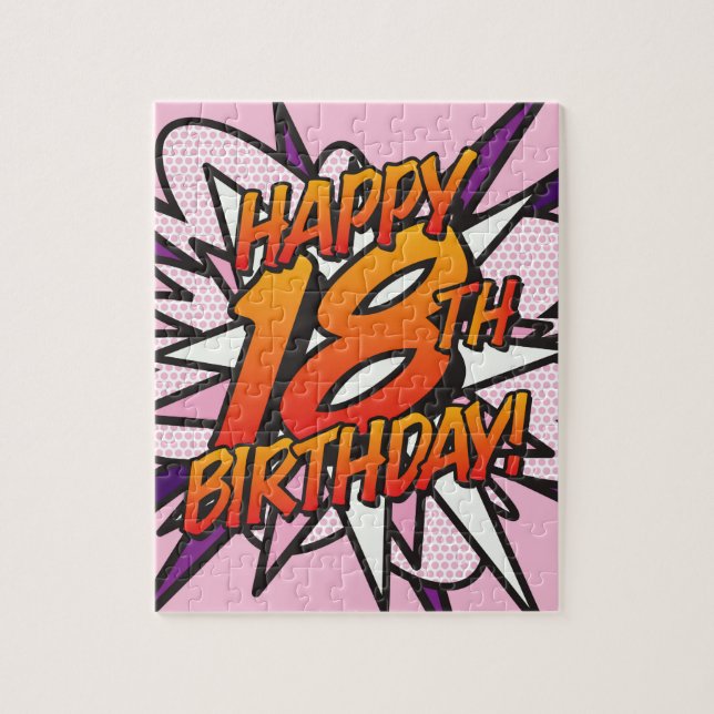 HAPPY 18TH BIRTHDAY Pink Fun Retro Comic Book Jigsaw Puzzle (Vertical)