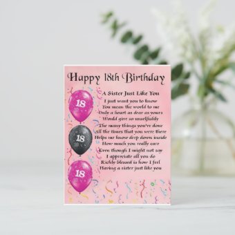 Happy 18th Birthday - Sister Poem Postcard | Zazzle