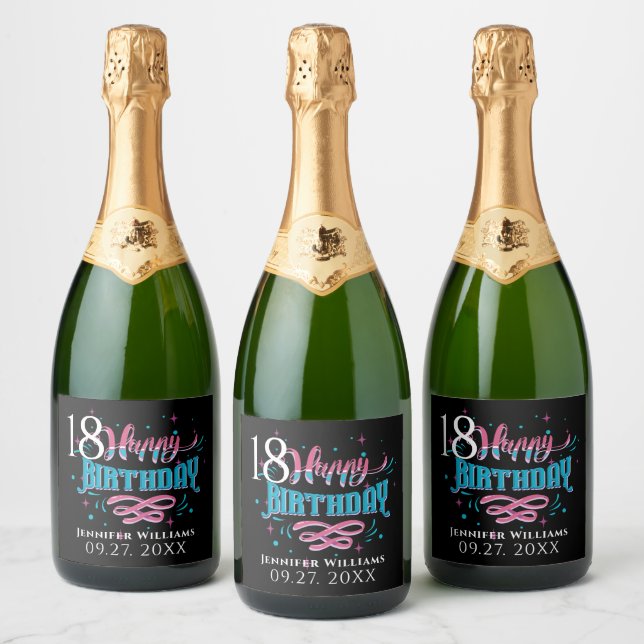 Happy 18th Birthday Typography Sparkling Wine Label (Bottles)