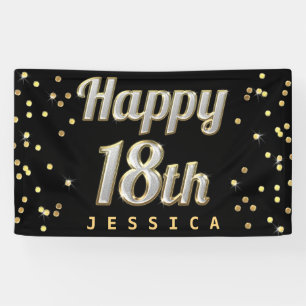 Happy 18th Bling Typography Gold Confetti Black Banner