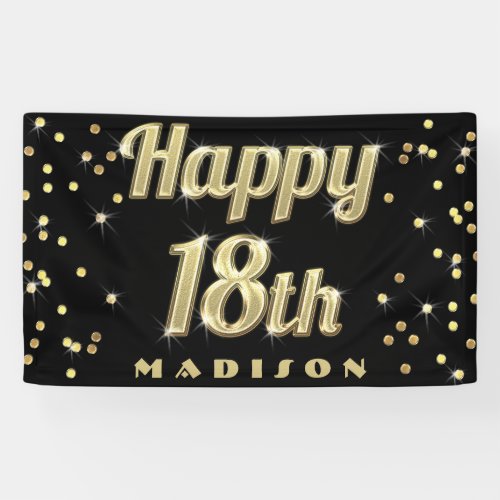 Happy 18th Gold Bling Typography Confetti Black Banner