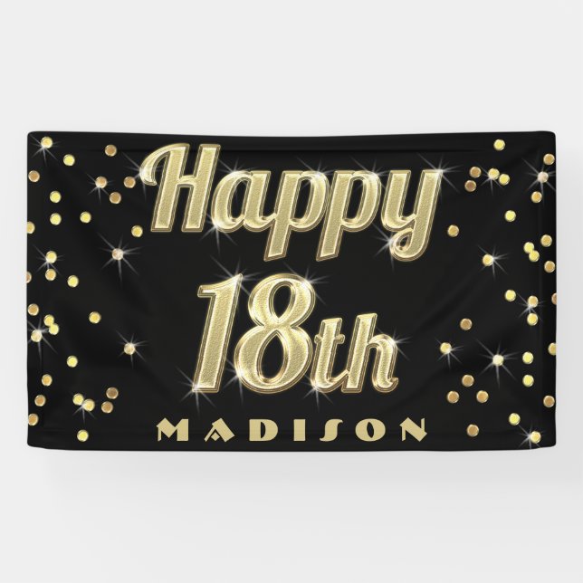 Happy 18th Gold Bling Typography Confetti Black Banner (Horizontal)