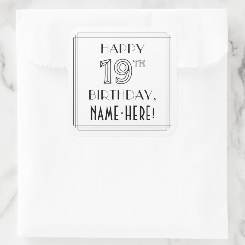 HAPPY 19TH BIRTHDAY Art Deco Style Custom Name Square Sticker