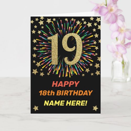 Happy 19th Birthday Black  Gold Rainbow Firework Card