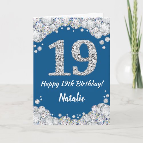 Happy 19th Birthday Blue and Silver Glitter Card