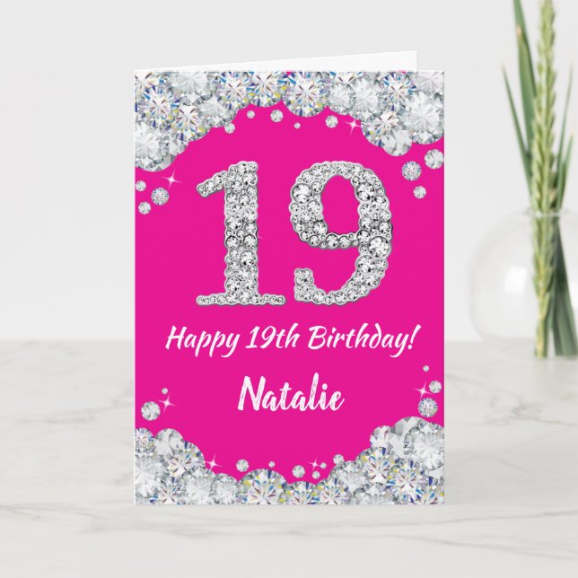 Happy 19th Birthday Hot Pink and Silver Glitter Card (Front)