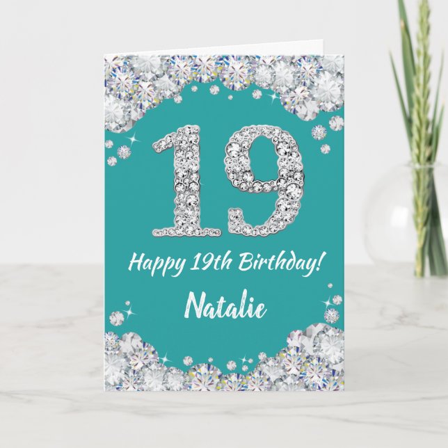Happy 19th Birthday Teal and Silver Glitter Card (Front)