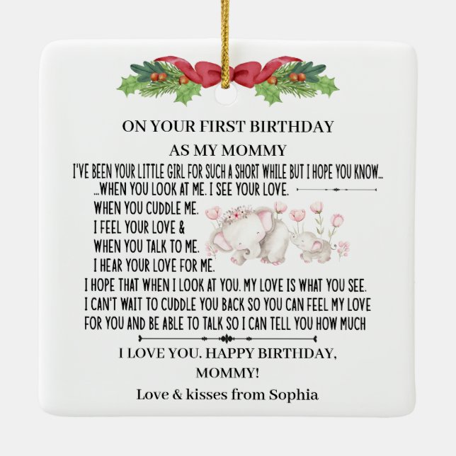 Happy 1st Birthday as my Mommy With Baby elephant Ceramic Ornament (Back)