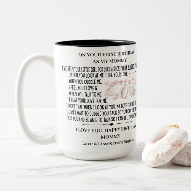 Happy 1st Birthday as my Mommy With Baby elephant Two-Tone Coffee Mug (With Donut)