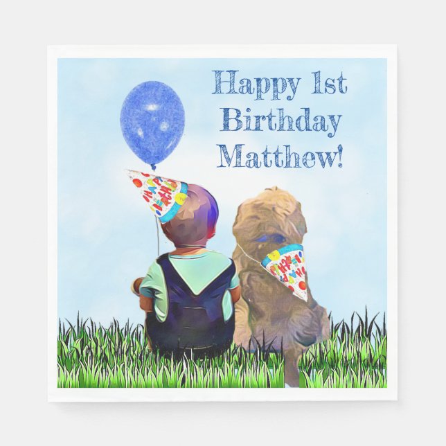 Happy 1st Birthday Baby Boy and Dog Napkins (Front)
