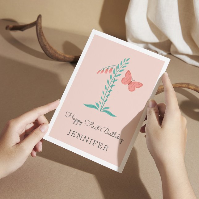 Happy 1st Birthday Baby Girl Butterfly Floral Card (Creator Uploaded)