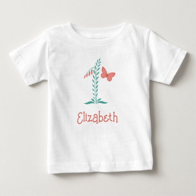 Happy 1st Birthday Baby Girl Butterfly Floral T-Shirt (Front)