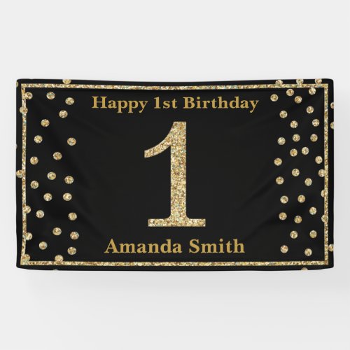 Happy 1st Birthday Banner Black and Gold Glitter