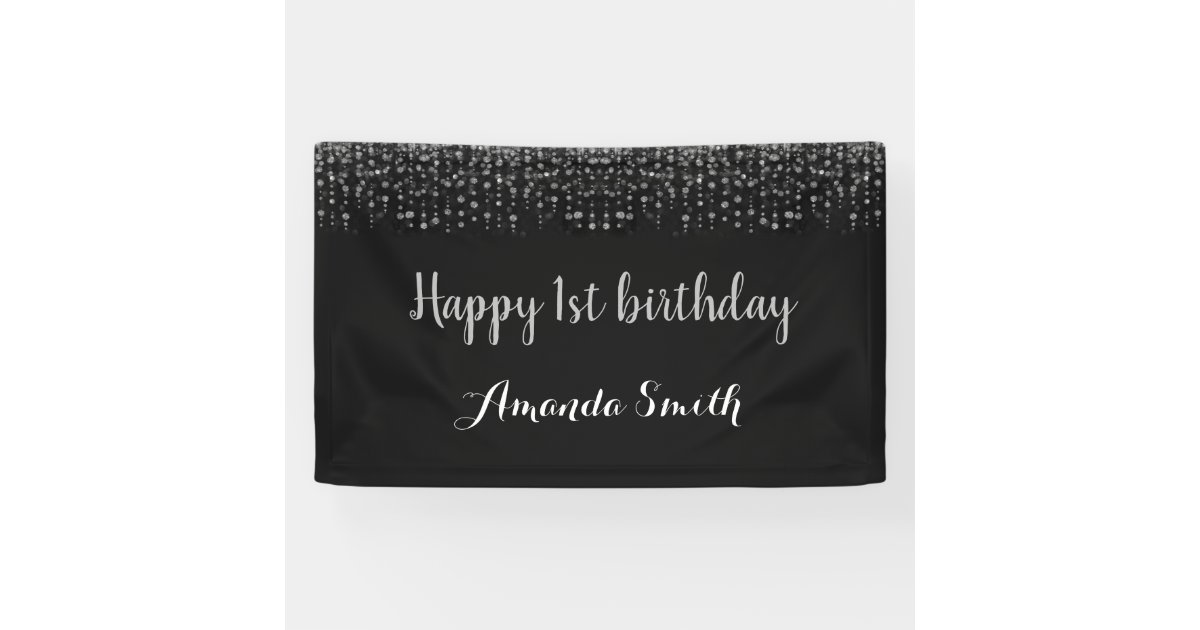 happy-1st-birthday-banner-black-silver-glitter-banner-zazzle