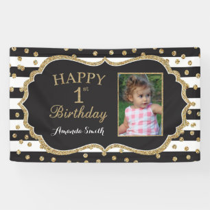 Happy 1st Birthday Banner. Gold Glitter Photo Banner