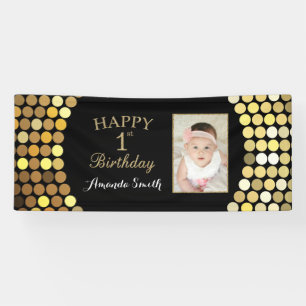 Happy 1st Birthday Banner. Gold Glitter Photo Banner