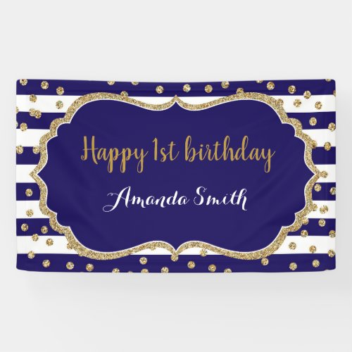 Happy 1st Birthday Banner Navy Blue Gold Glitter