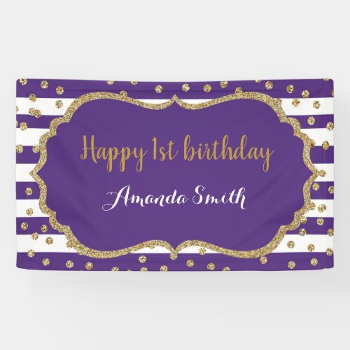 Happy 1st Birthday Banner Purple and Gold Glitter