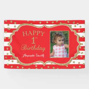 Happy 1st Birthday Banner Red Gold Glitter Photo