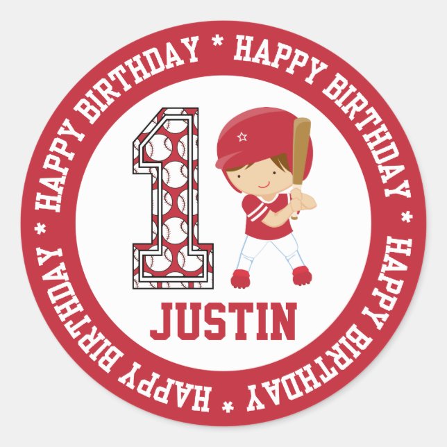 Happy 1st Birthday Baseball Batter Red Classic Round Sticker (Front)