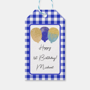 Happy 1st Birthday & Blue Gingham & Balloons Gift Tags