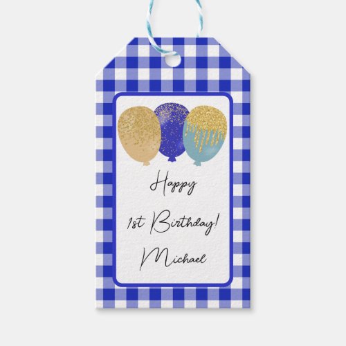 Happy 1st Birthday  Blue Gingham  Balloons Gift Tags