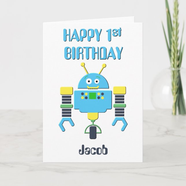 Happy 1st Birthday Blue Robot Card (Front)