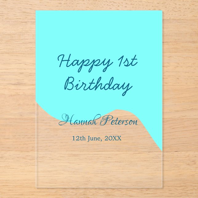 Happy 1st birthday blue wavy retro boho name date acrylic invitations (Front)