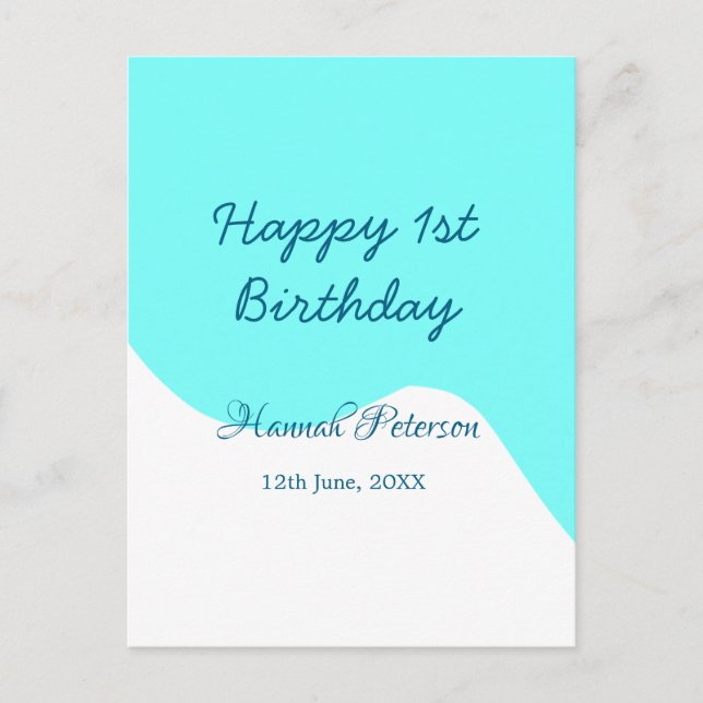 Happy 1st birthday blue wavy retro boho name date postcard (Front)