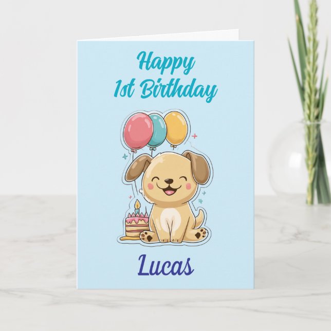 Happy 1st Birthday, Boy, Cute Puppy, Personalized  Card (Front)