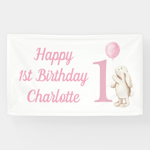 Happy 1st Birthday Bunny Balloon Pink Banner