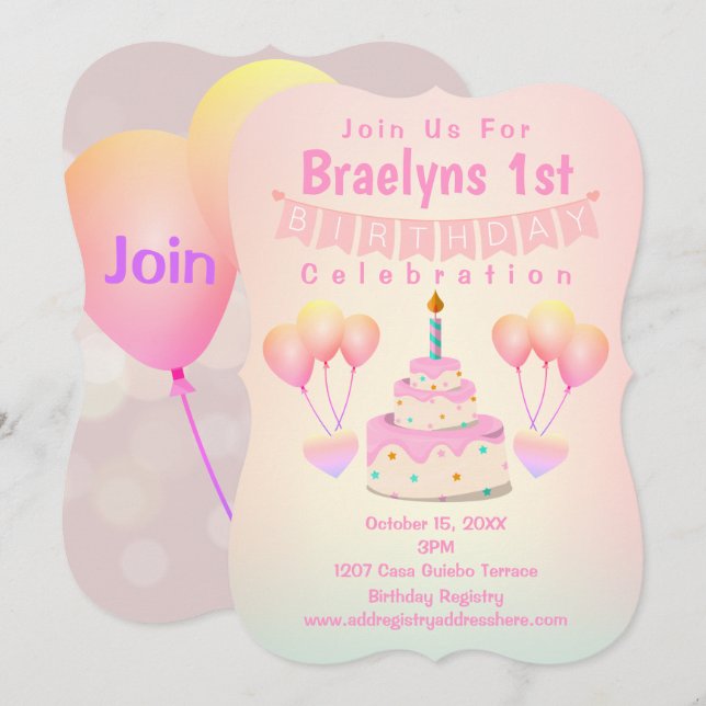 Happy 1st Birthday Cake & Balloons Invitation (Front/Back)