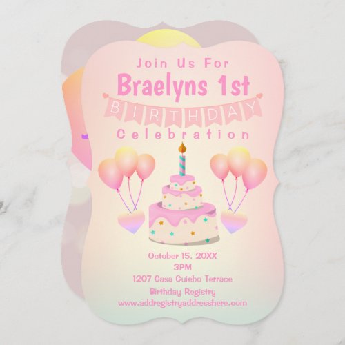 Happy 1st Birthday Cake  Balloons Invitation