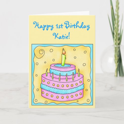 Happy 1st Birthday Card Pink Cake on Yellow