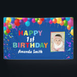Happy 1st Birthday Colorful Balloons Blue Banner<br><div class="desc">Happy 1st Birthday Colorful Balloons Confetti Blue Photo Banner. For further customization,  please click the "Customize it" button and use our design tool to modify this template.</div>