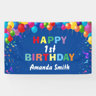 Happy 1st Birthday Colorful Balloons Blue Banner