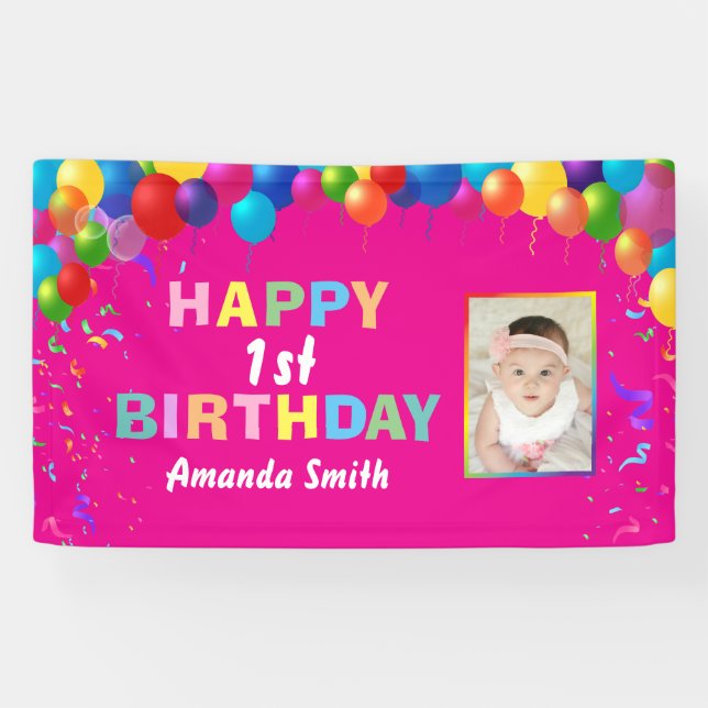 Happy 1st Birthday Colorful Balloons Hot Pink Banner (Horizontal)