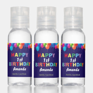 Happy 1st Birthday Colorful Balloons Navy Blue Hand Sanitizer