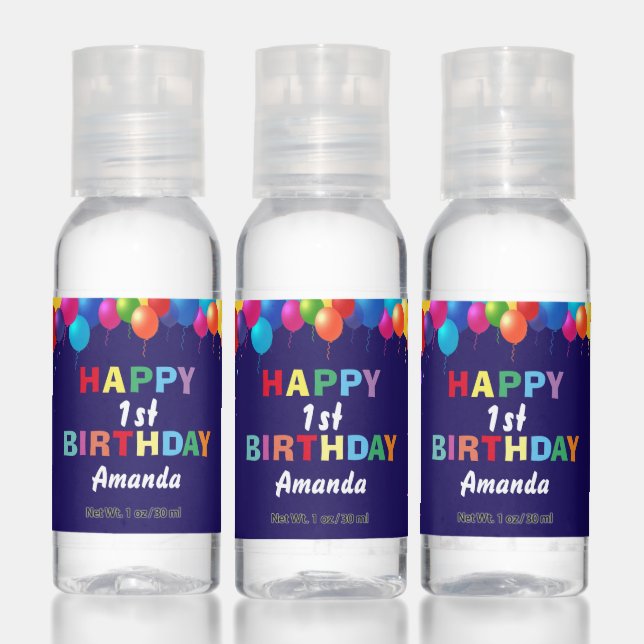 Happy 1st Birthday Colorful Balloons Navy Blue Hand Sanitizer (Set)
