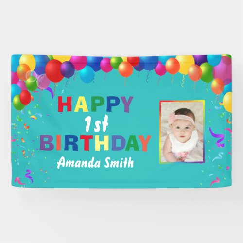 Happy 1st Birthday Colorful Balloons Teal Banner