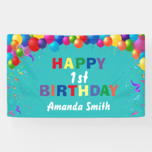 Happy 1st Birthday Colorful Balloons Teal Banner